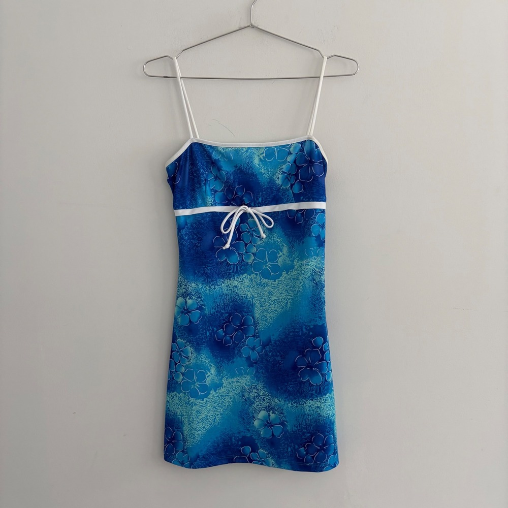 Pulse Vintage Y2K Blue Hibiscus Floral Mini Dress USA Made Medium